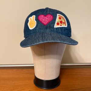 Emoji One Hat Youth Sewn-On Peace Love & Pizza Denim Baseball Cap Adjustable